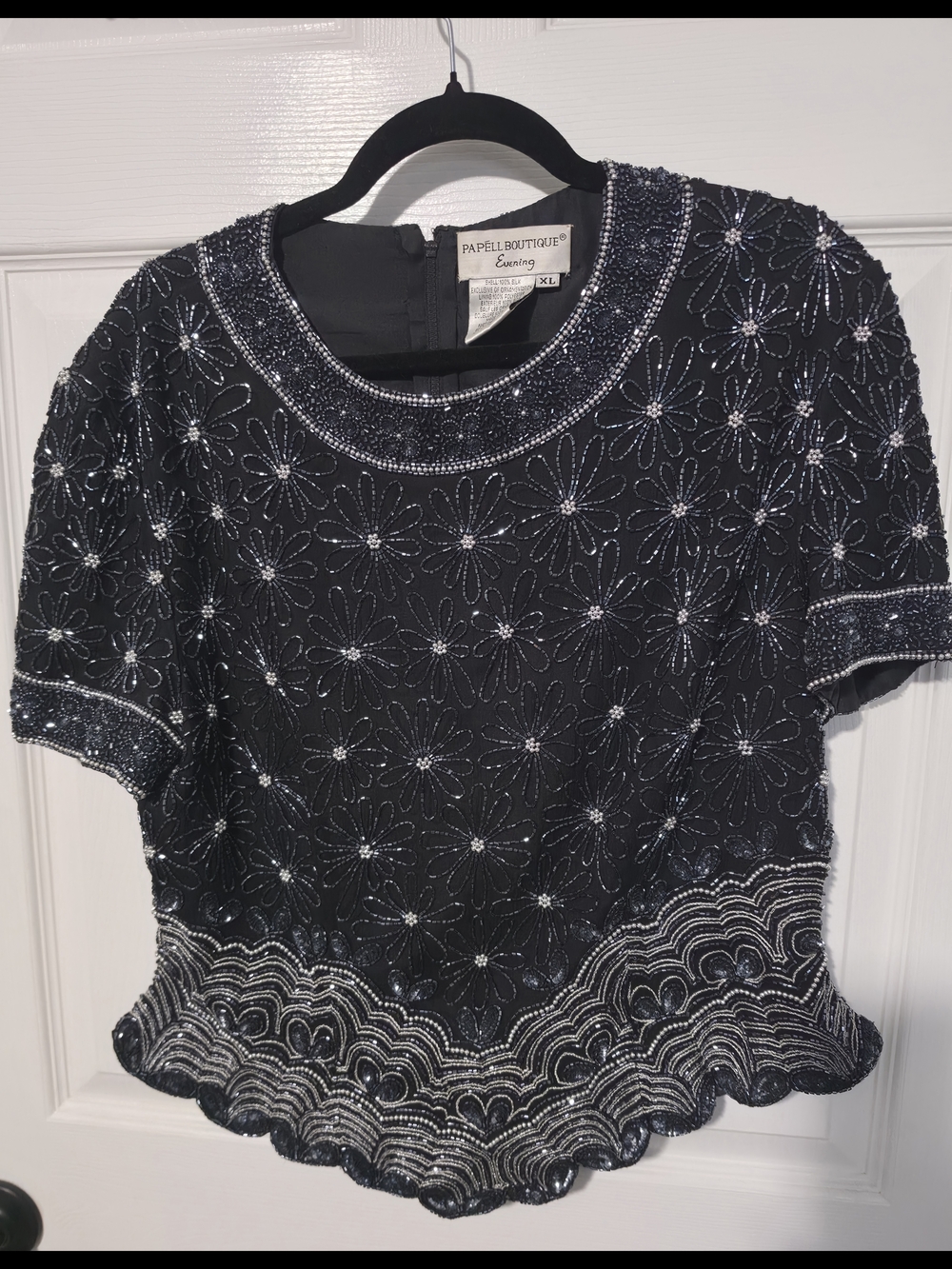 Papell Boutique Evening Black Beaded Floral Short Sleeve Top